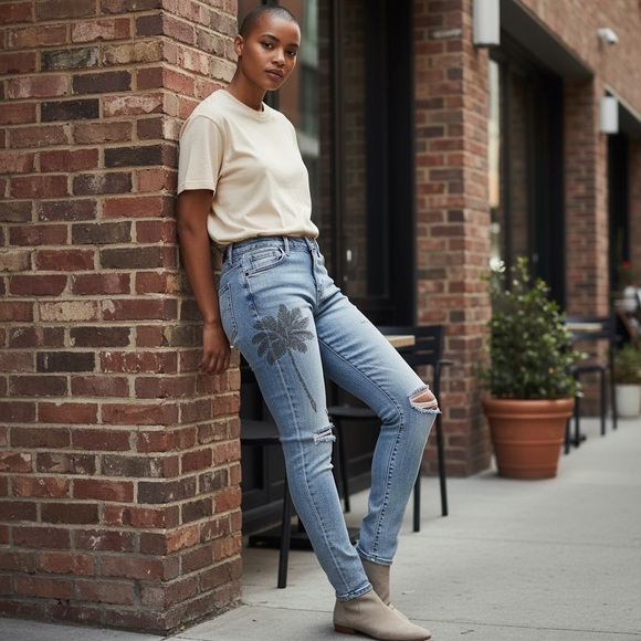 🆕 FREE PEOPLE Sandrine Rose Embroidered Palm Tree🌴 Skinny Jeans🌴 - 5 Button Fly - Picture 1 of 11